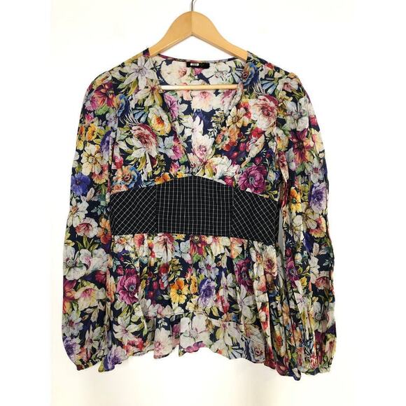 Petersyn Dallas Top Floral Long Puff Sleeve Peplum 100% Cotton Multicolor Size L - Picture 5 of 10
